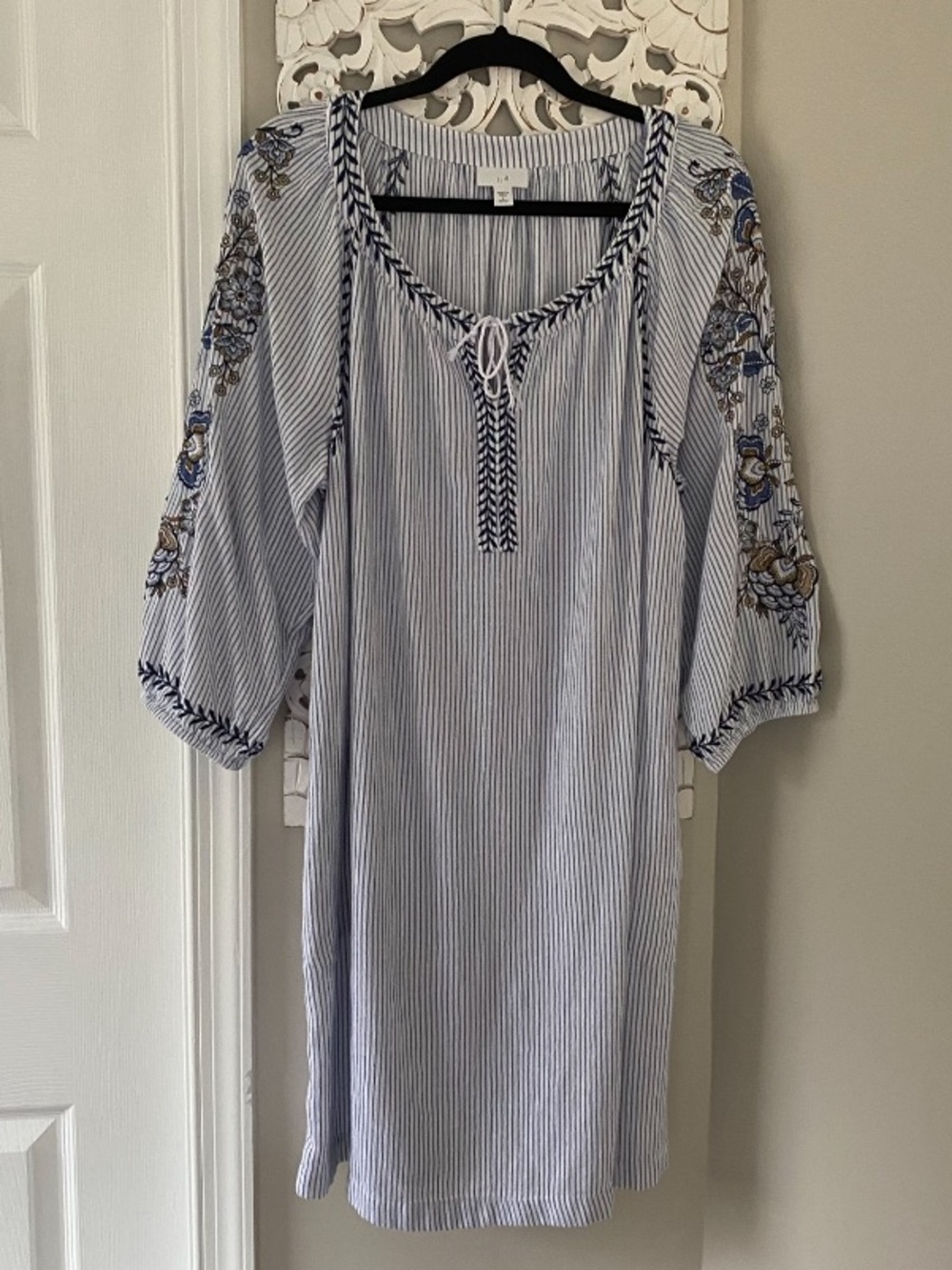 J. Jill Striped Embroidered Shift Dress Sz L P Boho Beach Resort Coastal